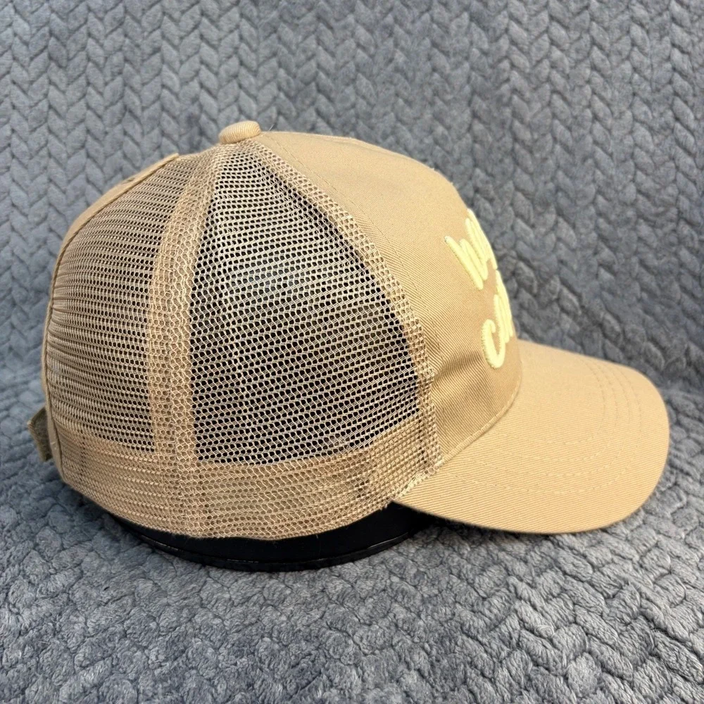 C.C Exclusives Happy Camper Tan Khaki Ponytail Mesh Back Trucker Hat Cap